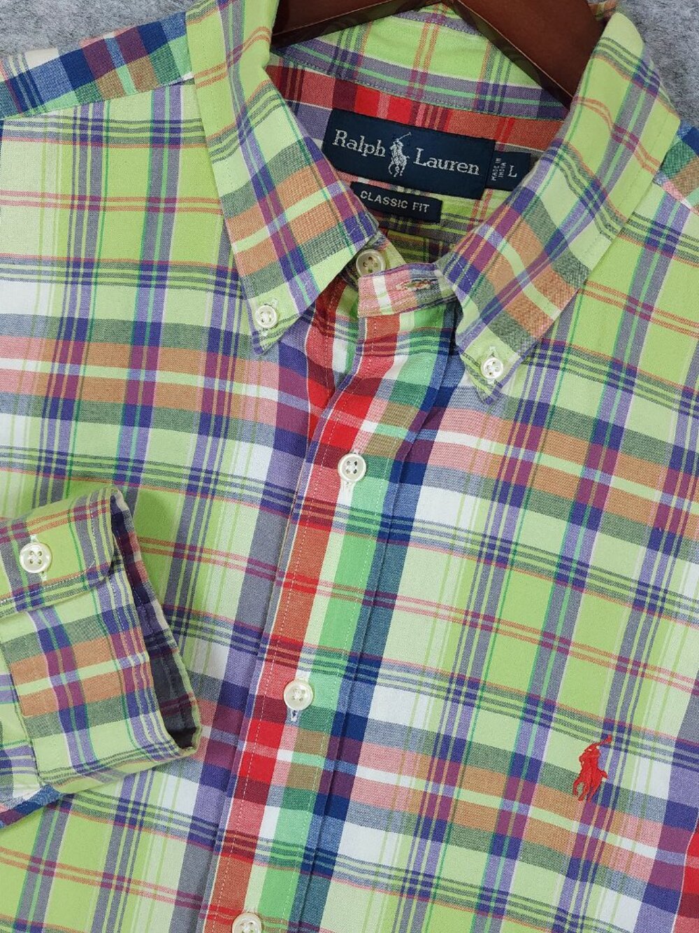 Ralph Lauren Classic Fit Button Down Shirt Large Green Madras Plaid Long Sleeve